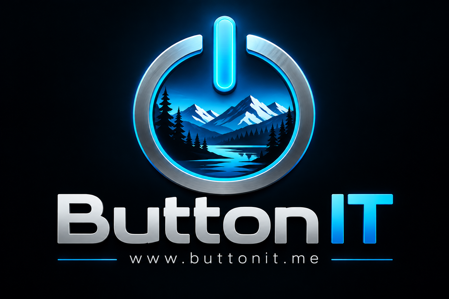 ButtonIT: a glowing blue power button framing Pacific Northwest mountains, forest, and river